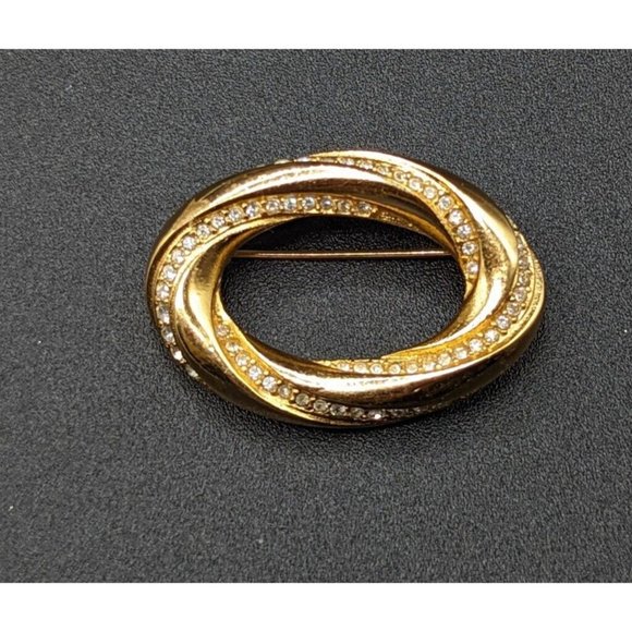 Christian Dior Signed Gold Tone Clear Rhinestone Open Oval Vintage Pin Brooch - Picture 8 of 9